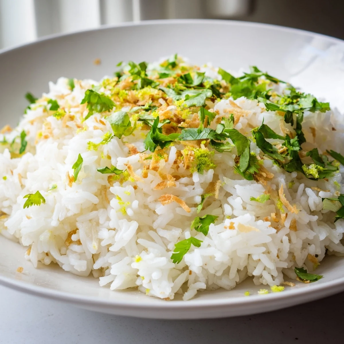 Fluffy coconut rice steamed in creamy coconut milk and garnished with toasted flakes