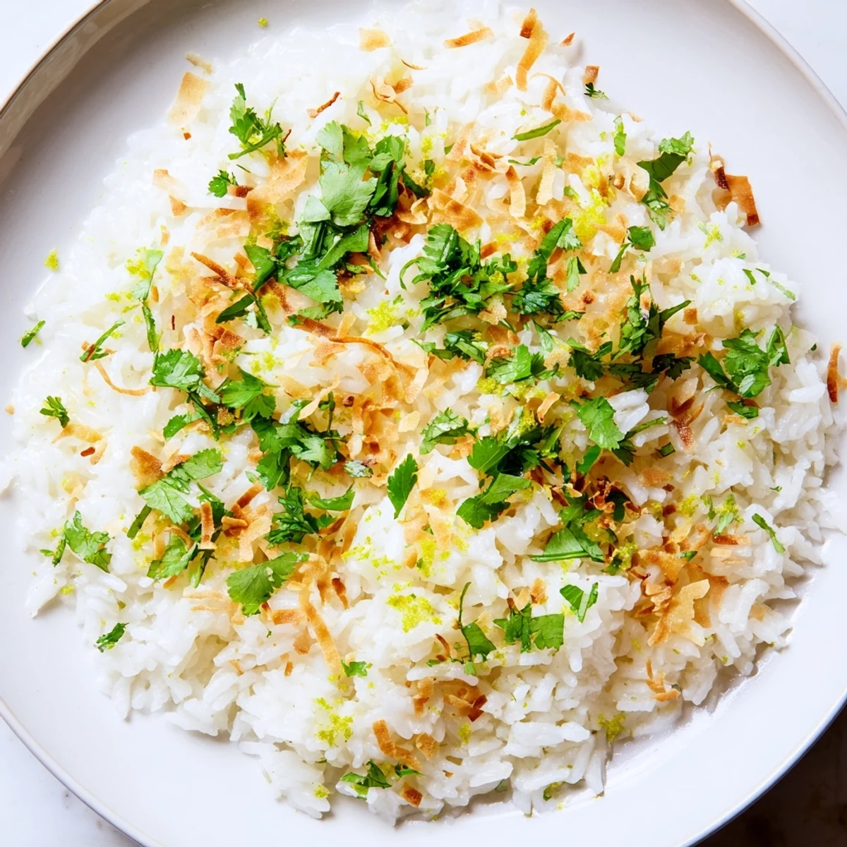 Steaming bowl of fragrant coconut rice topped with fresh cilantro and lime zest
