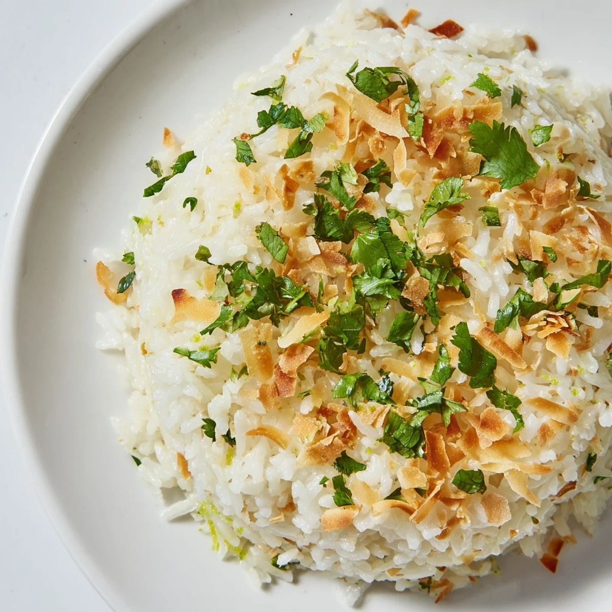 Creamy coconut rice served alongside Thai curry in a white ceramic bowl