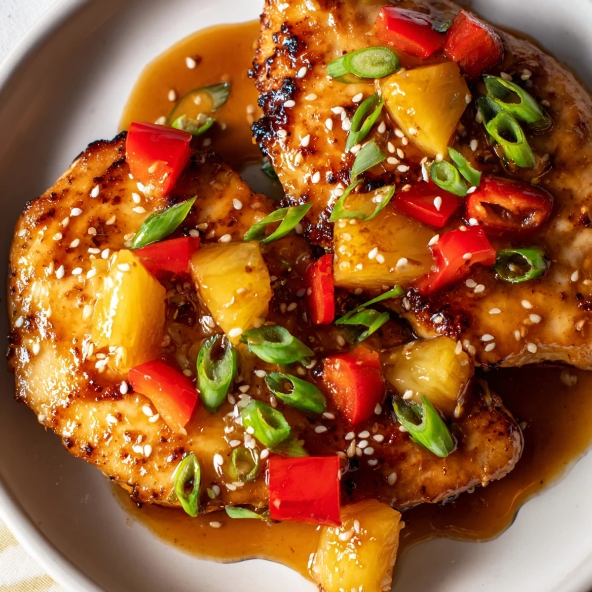 Juicy Hawaiian chicken glazed in glossy pineapple sauce with sesame seed garnish