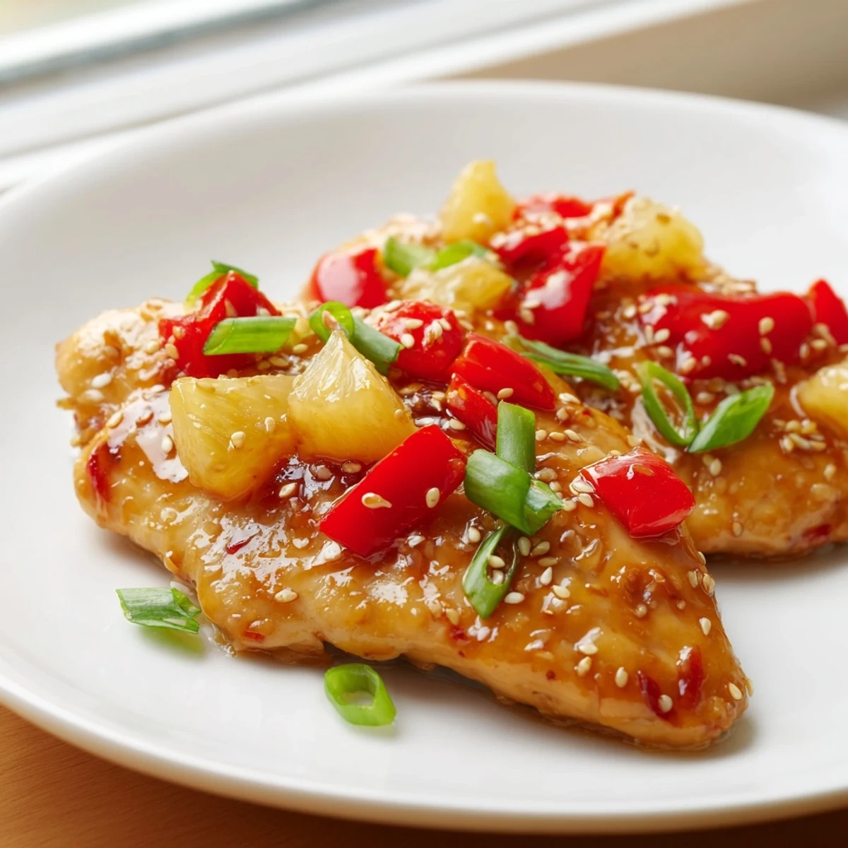 Tender Hawaiian chicken smothered in tangy sweet pineapple and bell pepper sauce
