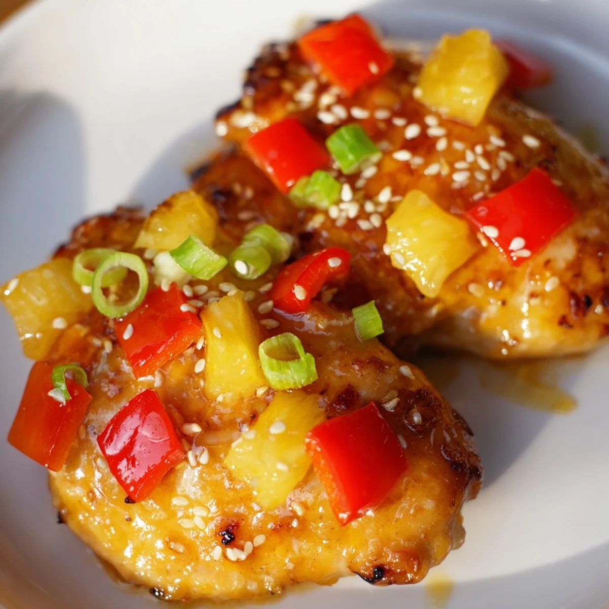 Golden pan-seared Hawaiian chicken topped with diced peppers green onions and pineapple chunks