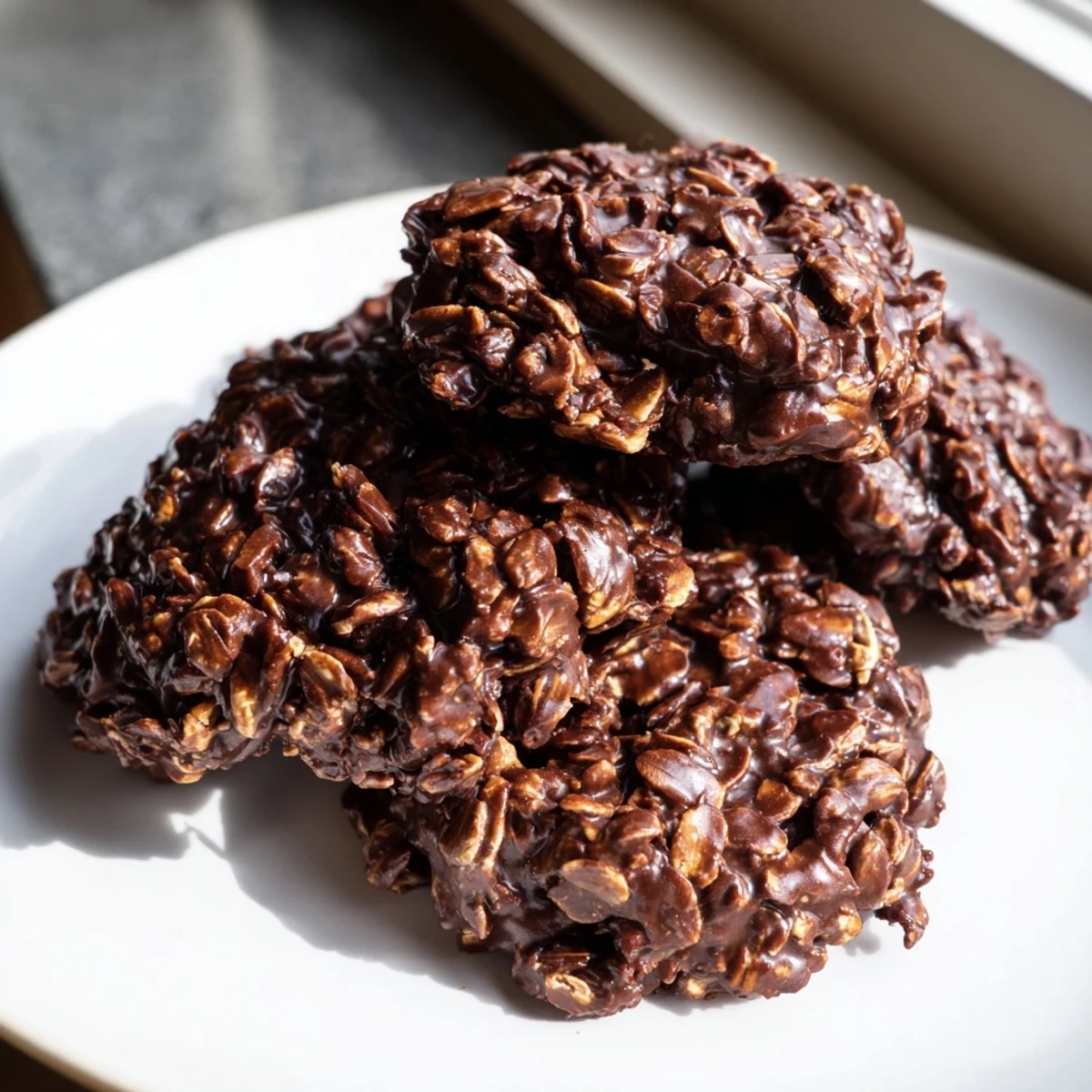 Glossy chocolate oatmeal no bake cookies piled on a parchment-lined sheet