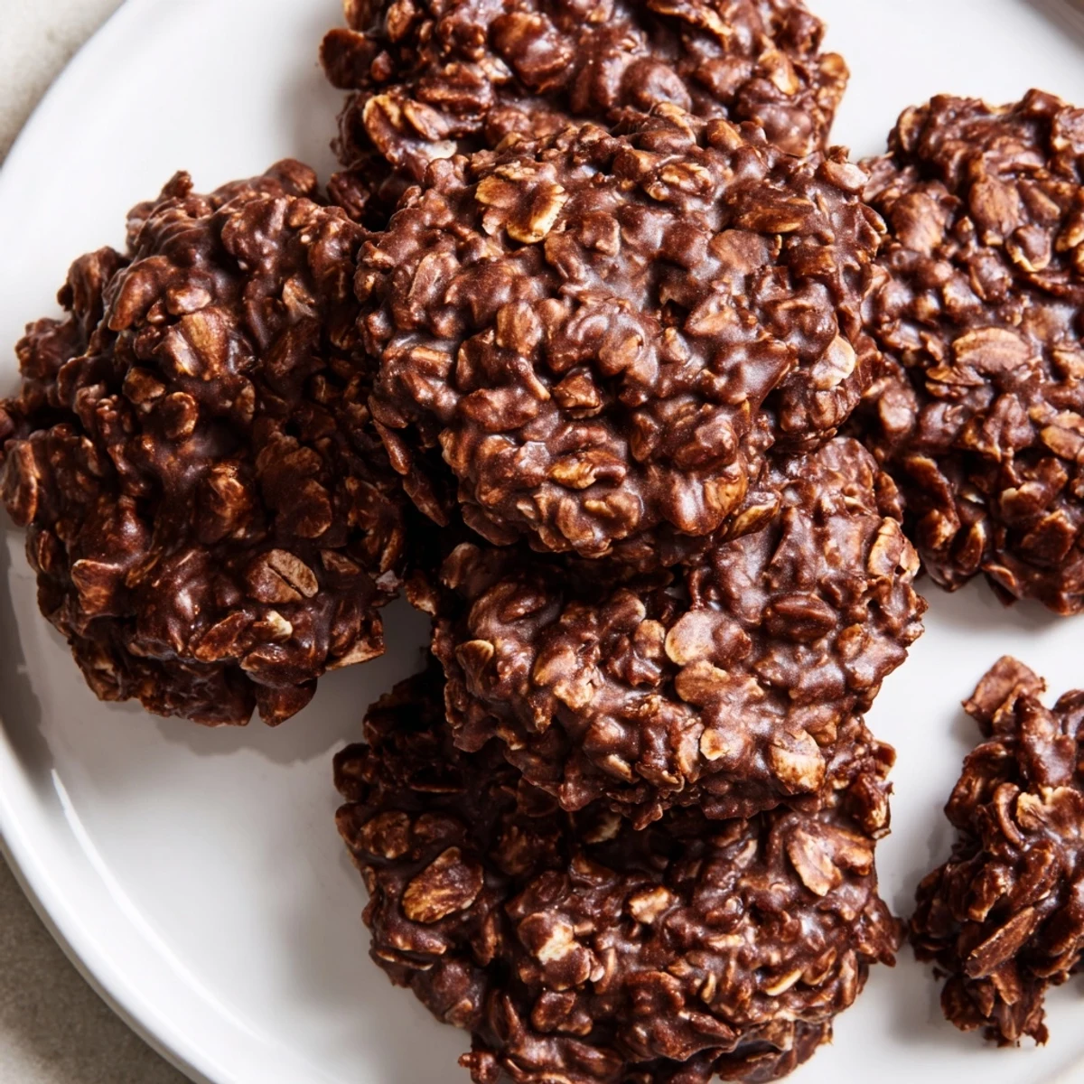 Thick chocolate oatmeal no bake cookies studded with oats on a cooling rack
