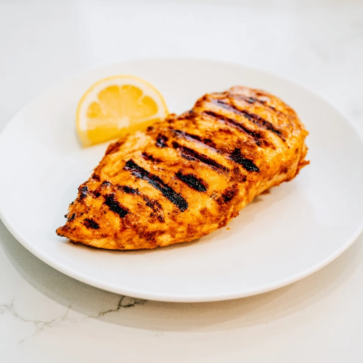 Golden glazed Maple Dijon Grilled Chicken breast resting on a white plate with fresh parsley garnish