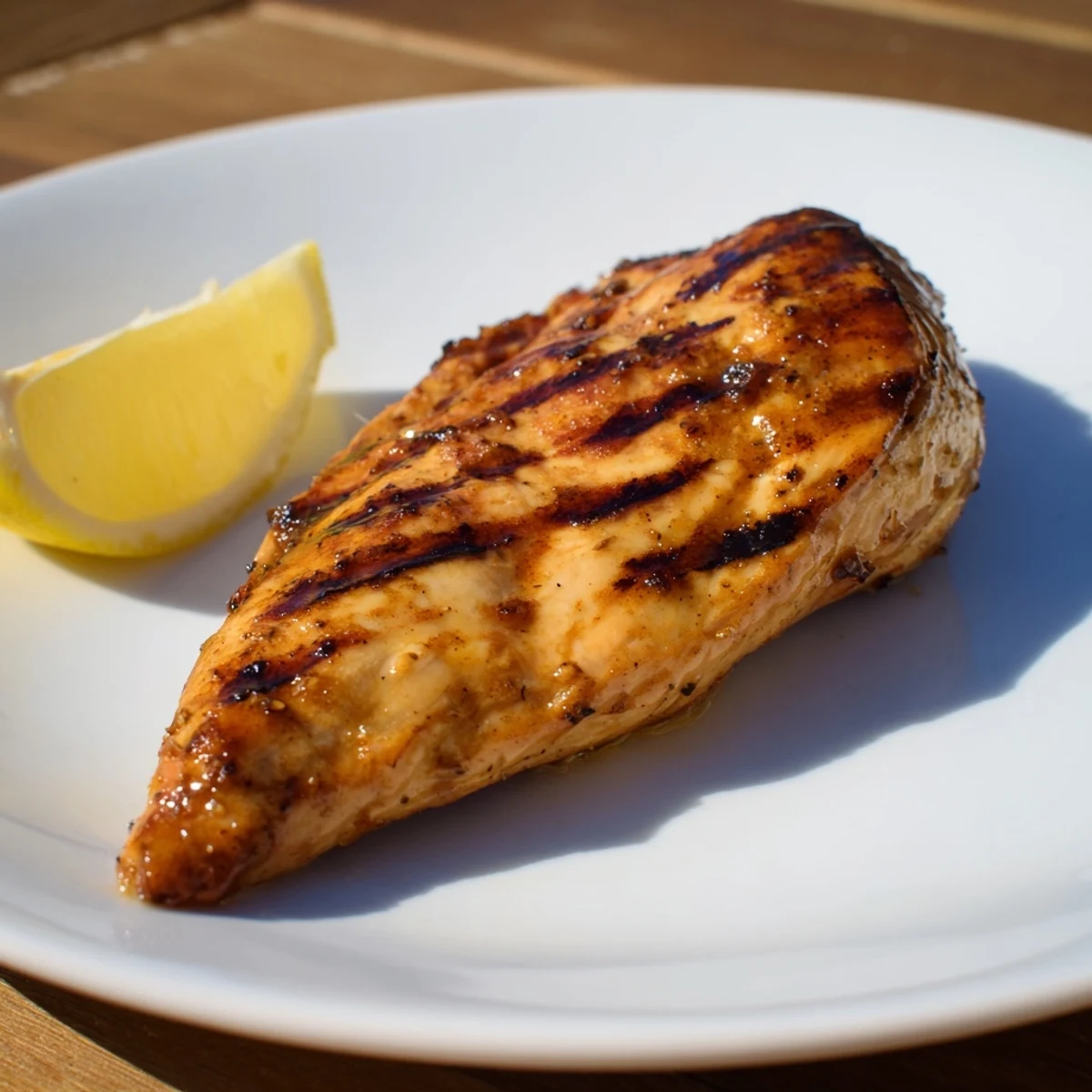 Juicy Maple Dijon Grilled Chicken entree displaying shiny caramelized grill marks and vibrant green herb topping