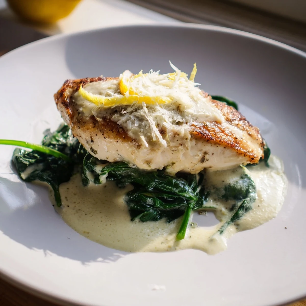 Golden seared chicken breasts resting in a rich lemon Parmesan spinach cream sauce