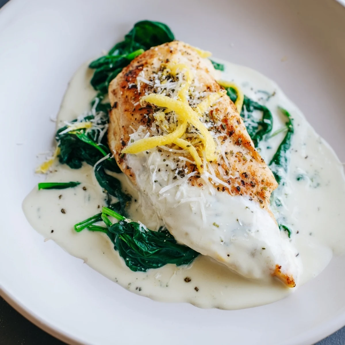 Savory chicken simmered in a tangy garlic butter sauce with wilted spinach and lemon zest