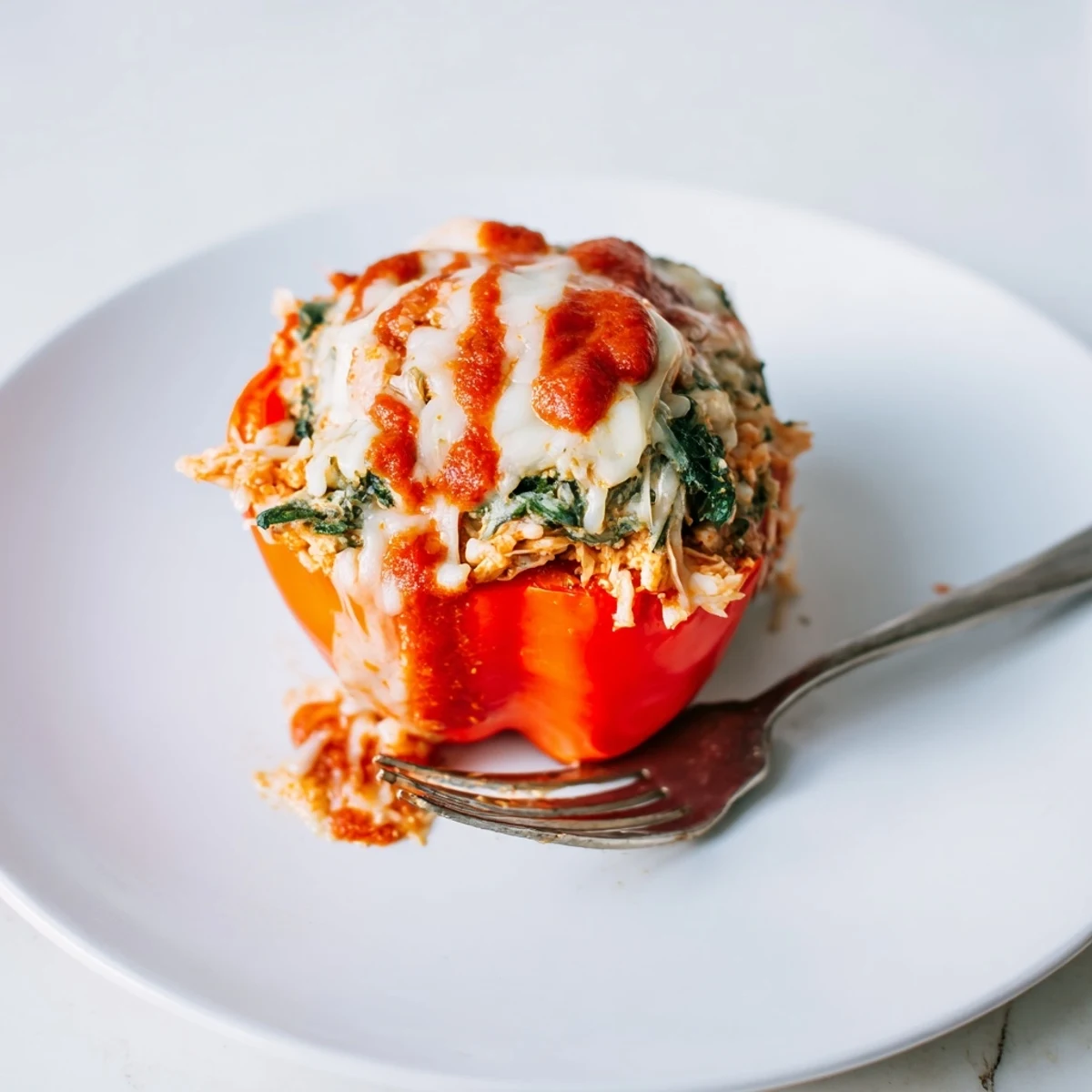 Golden baked chicken Florentine stuffed peppers bubbling with melted mozzarella and fresh spinach