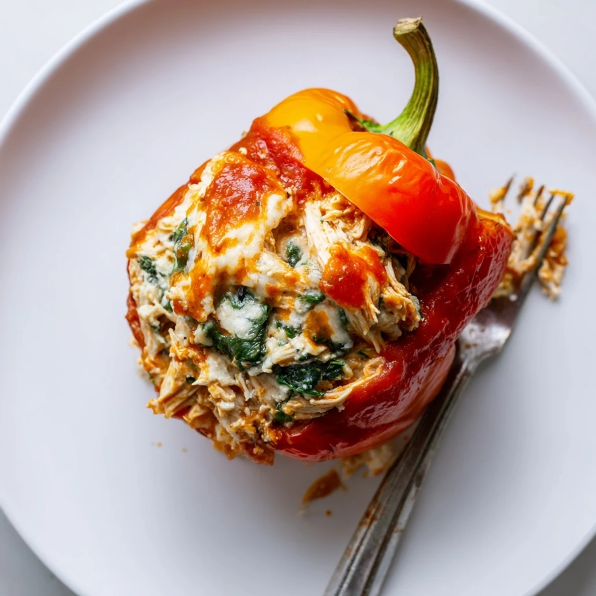 Close up of tender chicken Florentine stuffed peppers topped with marinara and golden cheese