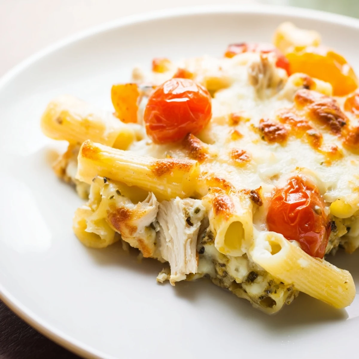 Golden and bubbly pesto chicken pasta bake fresh from the oven with melted mozzarella.