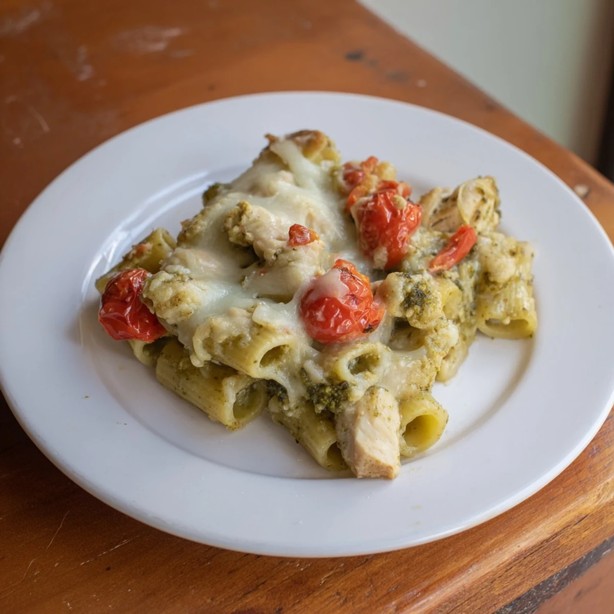 Creamy pesto chicken pasta bake featuring penne, diced chicken, and a golden cheesy topping.