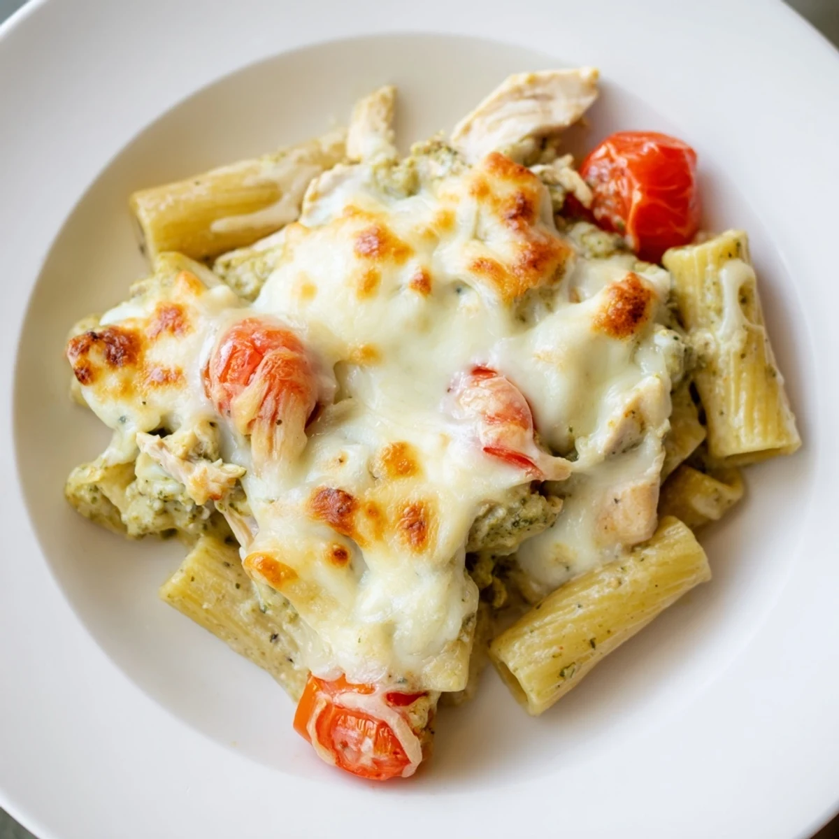Serving of pesto chicken pasta bake topped with melted Parmesan and fresh basil leaves.