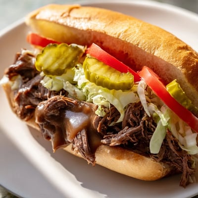 A close-up view of a Roast Beef Po Boy sandwich, showcasing juicy beef, dripping gravy, and vibrant fresh vegetables inside a toasted hoagie roll.