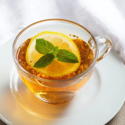 A clear glass teapot pours hot Mint Tea with Honey and Lemon into a cup, with fresh mint and lemon garnish nearby.