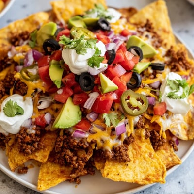 A close-up view of loaded Nachos Supreme featuring melty cheddar and Monterey Jack, diced avocado, black olives, and jalapeños, perfect for a festive game-day appetizer platter.