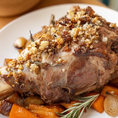 Slow-roasted Roasted Lamb Shoulder, fork-tender with rosemary, thyme, and a crisp lemon-garlic crust.