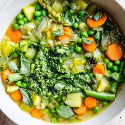Spring Vegetable Soup with Pesto features vibrant green asparagus and peas swimming in a savory broth.