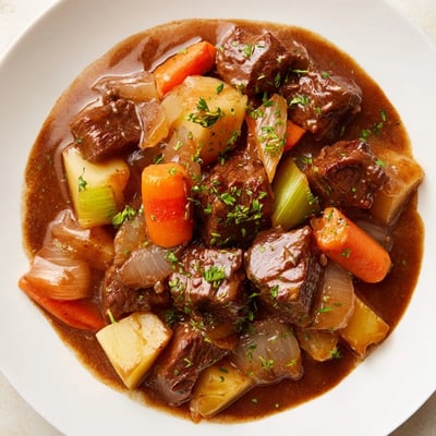 Hearty beef stew with tender carrots, parsnips, and potatoes served in a rustic bowl topped with fresh parsley.