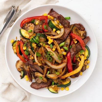 Rustic American West style stir fry loaded with peppers, onions, and caramelized steak on griddle