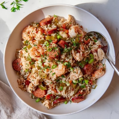 Bowl of hearty Crock Pot Jambalaya loaded with southern Creole flavors including smoked sausage colorful bell peppers and plump pink shrimp over perfectly cooked rice