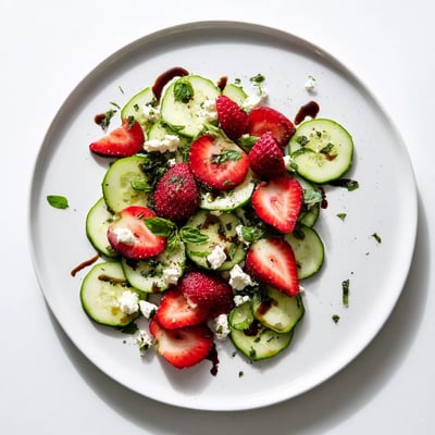 Vibrant strawberry cucumber salad featuring sliced fruit, crisp cucumber ribbons, and mint leaves drizzled with tangy balsamic dressing