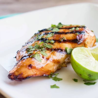 Juicy citrus-marinated Key West grilled chicken served on a white plate