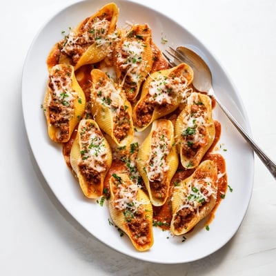 Tender pasta shells filled with ground beef and ricotta cheese bake in rich tomato sauce topped with bubbly mozzarella for beef stuffed shells