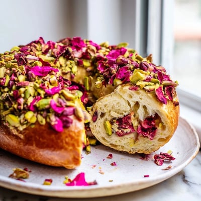 Homemade raspberry pistachio sourdough bagels topped with chopped nuts and freeze-dried raspberry pieces on a wooden board