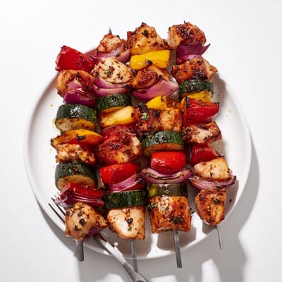 Juicy herb-marinated Chicken Kabobs On The Grill served with lemon and pita  