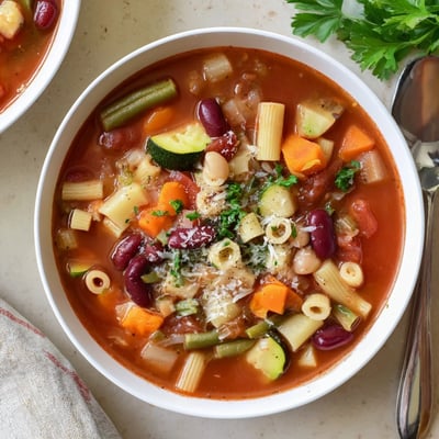 Bowl of Minestrone Soup with beans, diced vegetables, sprinkled Parmesan, crusty bread