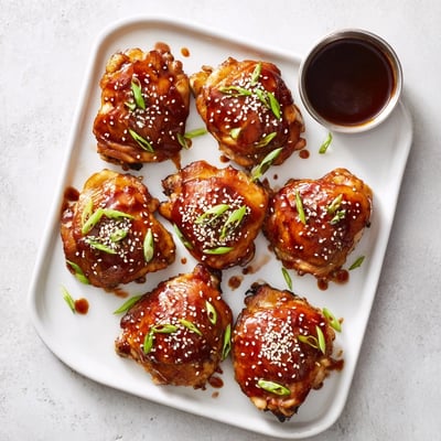 Savory teriyaki glazed chicken thighs plated with green onions and sesame seeds
