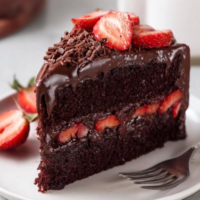 Sliced Strawberry Chocolate Cake revealing moist crumb, fresh strawberry filling and cream