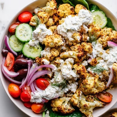 Warm Greek Cauliflower Bowl drizzled with creamy tzatziki over a bed of spinach