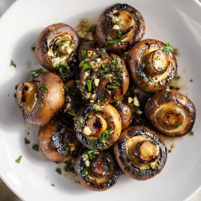 Smoky grilled garlic mushrooms sizzling in a skillet with fragrant herbs