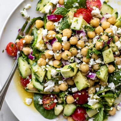 Colorful chickpea feta avocado salad tossed with cherry tomatoes and fresh herbs