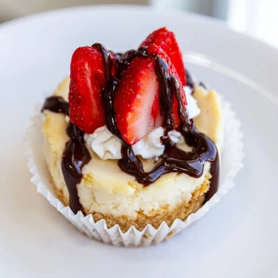 Creamy mini cheesecakes in graham cracker crusts drizzled with caramel and chocolate ganache