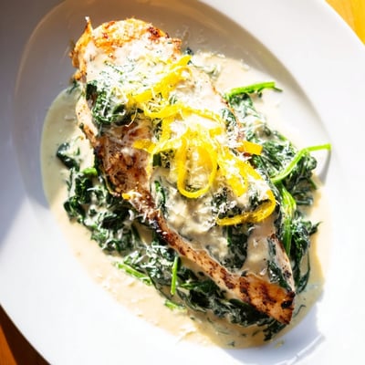Juicy baked chicken topped with melted cheese and fresh spinach in a creamy lemon skillet
