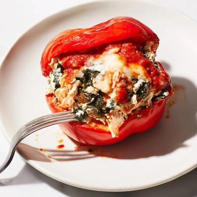 Savory chicken Florentine stuffed peppers filled with ricotta and spinach on a white plate